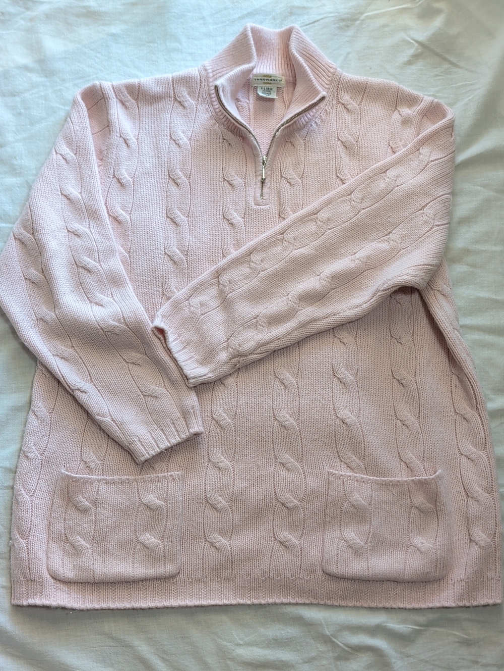 Half-Zip Cable-Knit Turtleneck Sweater - Light Pink